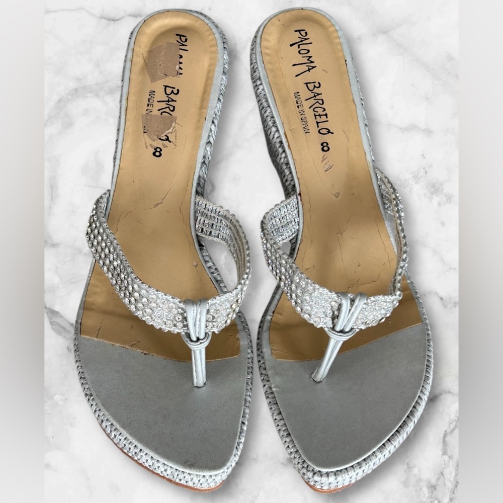 Paloma Barcelo Silver Rhinestone Thong Wedge Platform Sandals Euro 38 US Size 8 - Picture 3 of 12